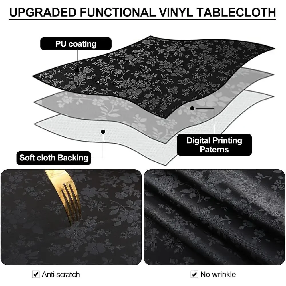 Black Vinyl Tablecloth 60x84 Inch Waterproof Floral Embossed Heavy Duty Cover